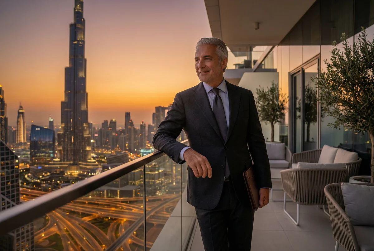 Investitore italiano sul terrazzo di un penthouse a Dubai, porto sicuro per gli investimenti immobiliari 2026