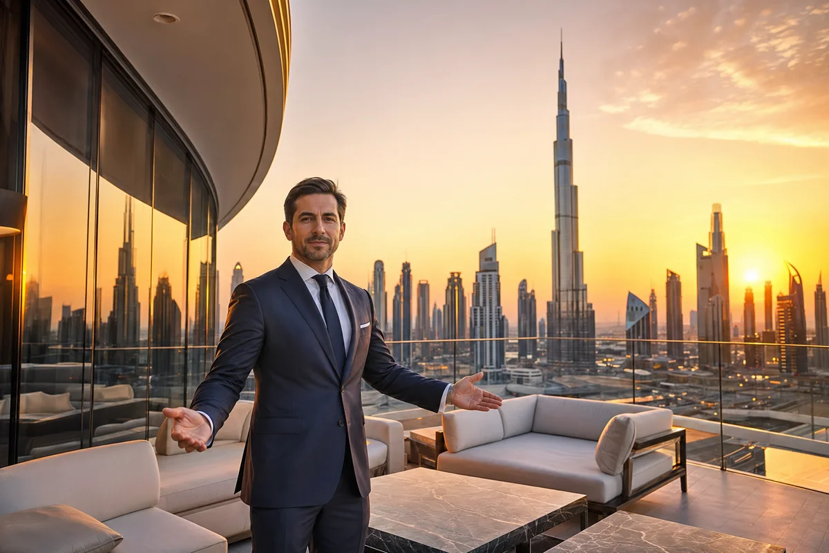 Investor on Dubai luxury apartment terrace