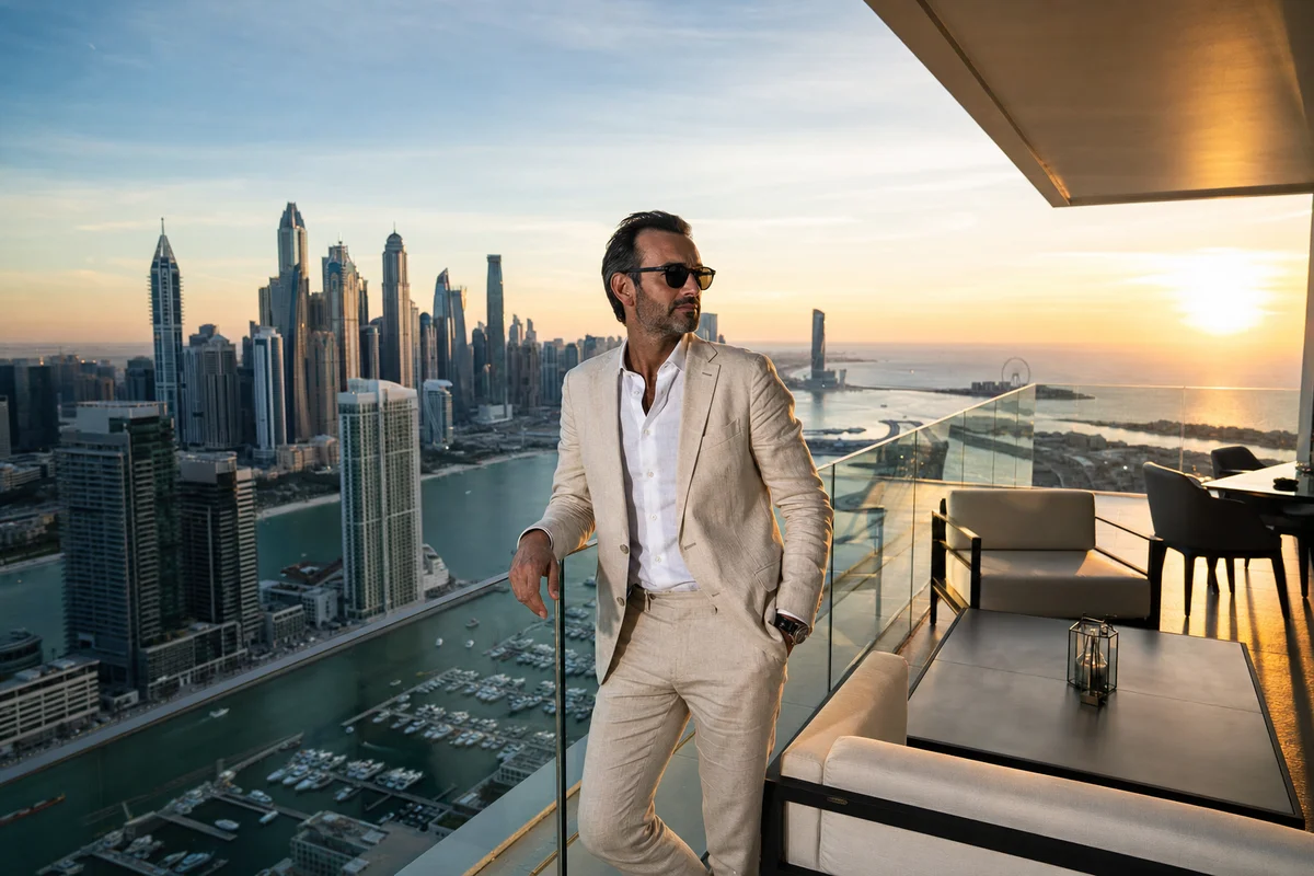 Italian investor in Dubai luxury apartment with skyline view