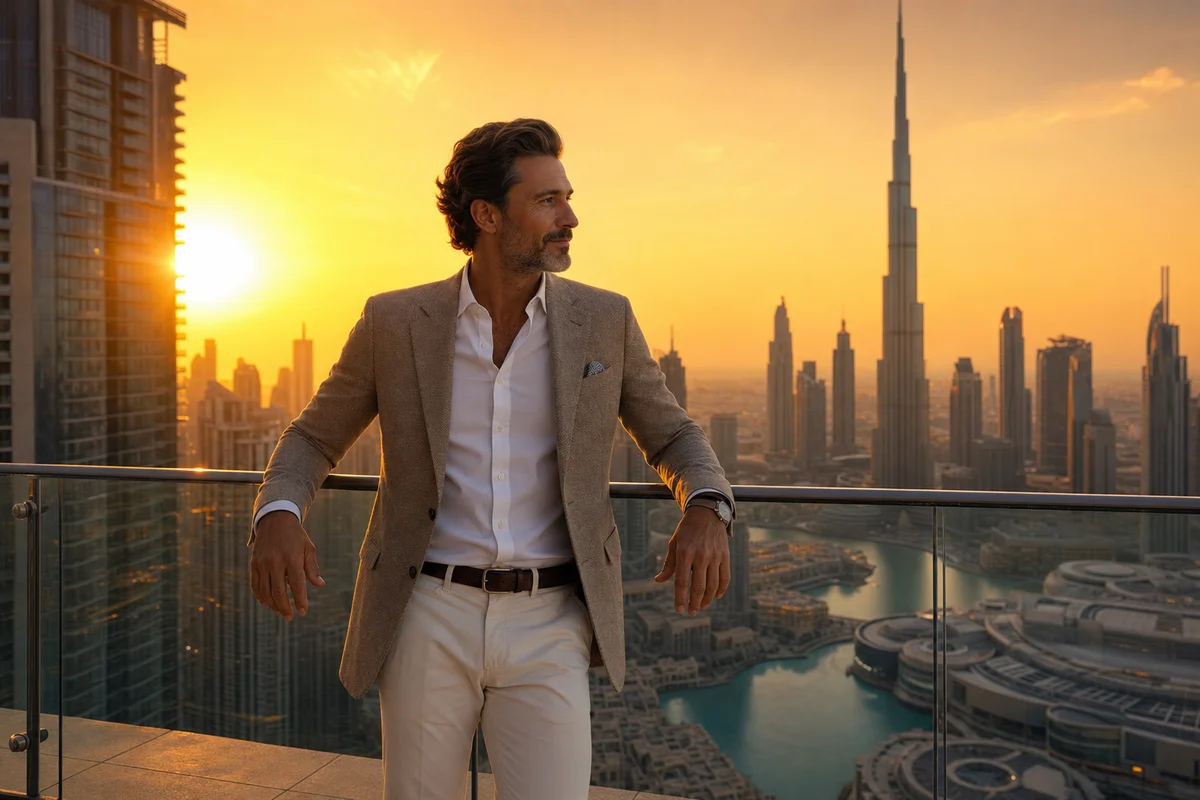 Investitore italiano terrazzo appartamento Dubai skyline 2026