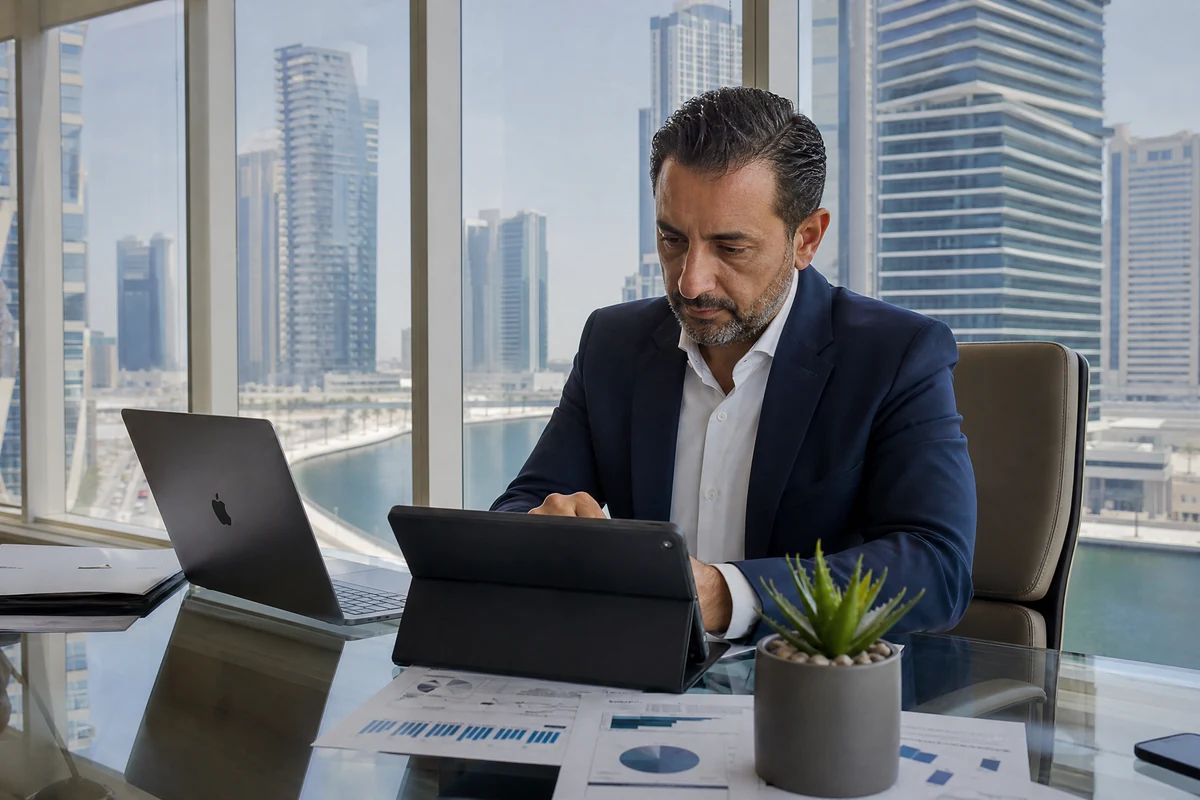 Investitore analizza dati immobiliari in un ufficio di Business Bay a Dubai