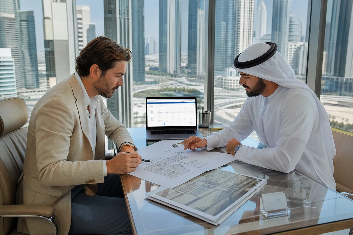 Real estate consultation in Dubai: Simone Resca of Rema Living Real Estate with an investor