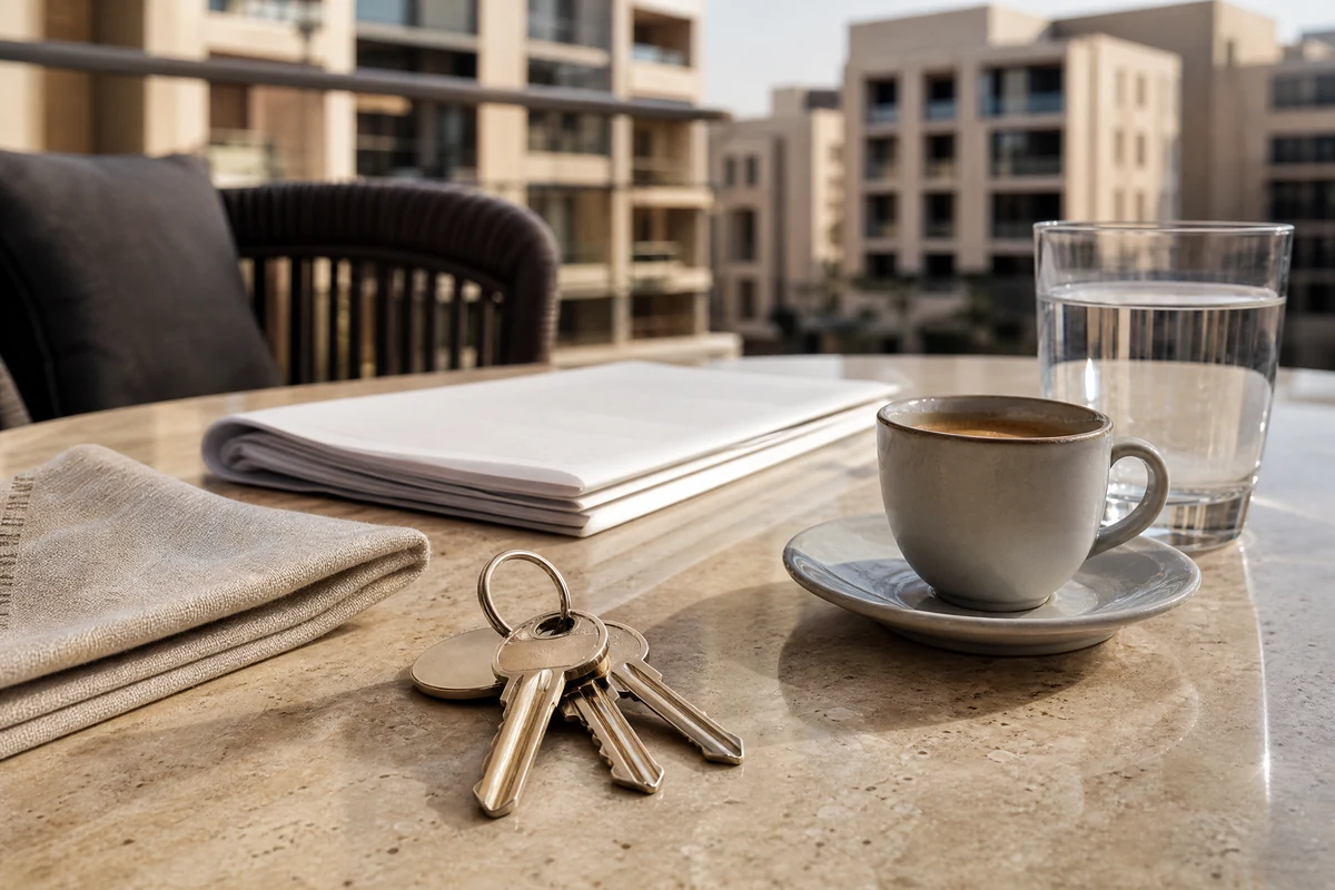 Detail of keys and documents on a table in Dubai