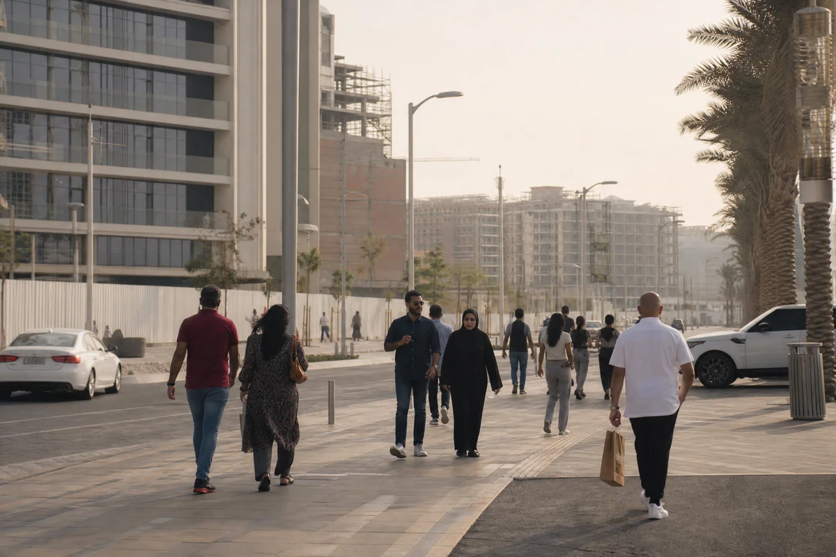 Dubai South quartiere in sviluppo con persone che camminano