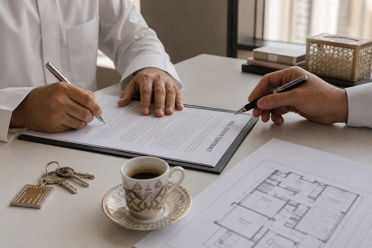 Firma contratto immobiliare Dubai con chiavi e planimetria
