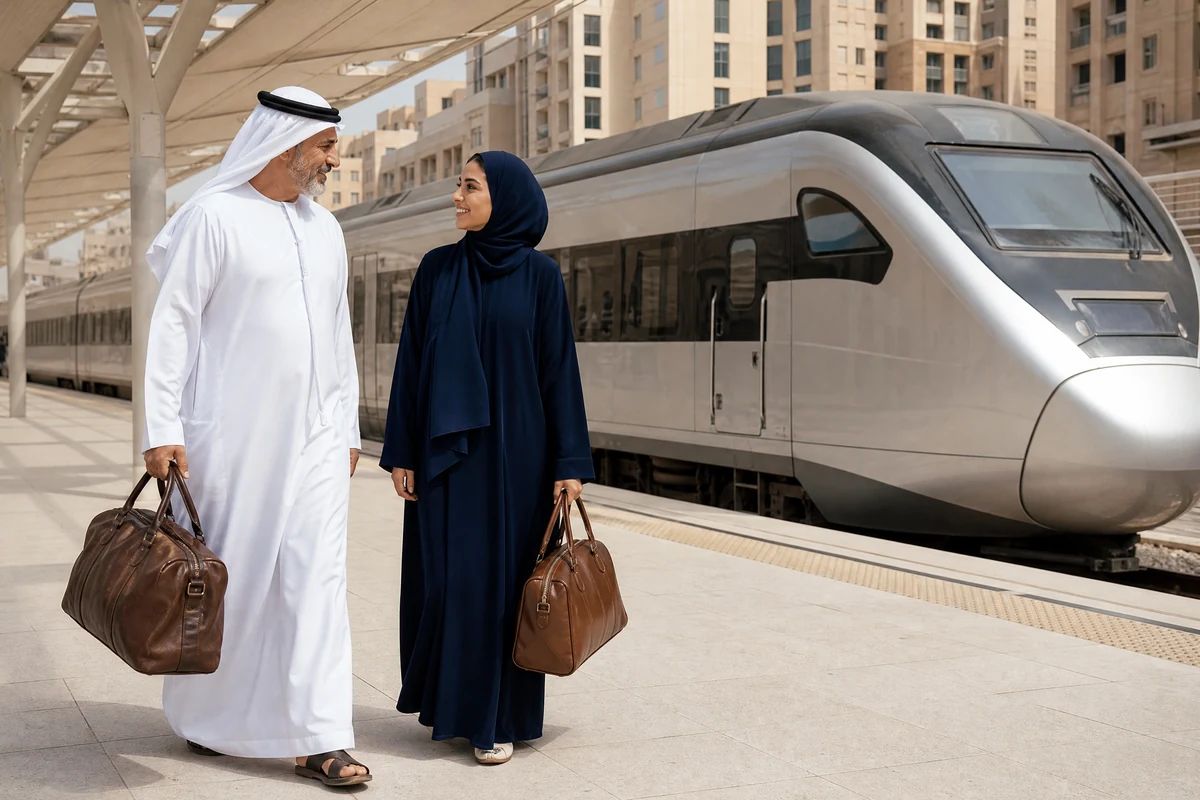 Famiglia in una stazione ferroviaria moderna negli Emirati Arabi Uniti