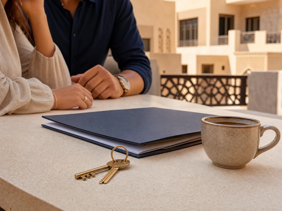 Terrazzo di un appartamento a Dubai con colazione e chiavi di casa