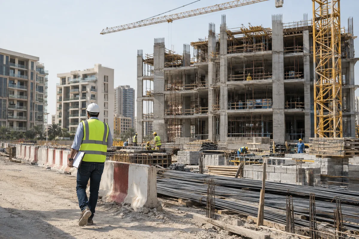 Verifica dell'avanzamento lavori in un cantiere residenziale di Dubai