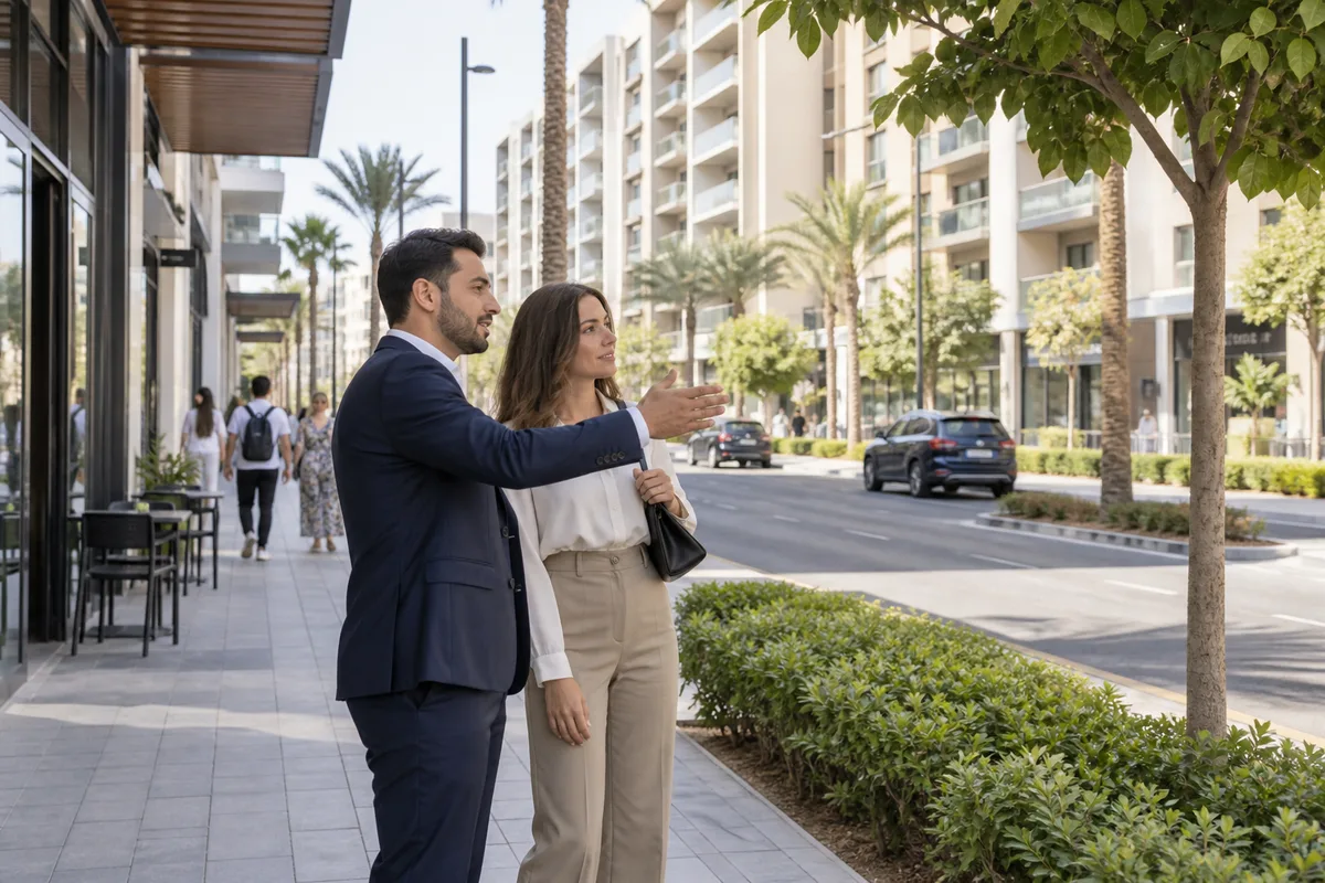 Valutazione del quartiere e dei servizi durante una visita immobiliare a Dubai