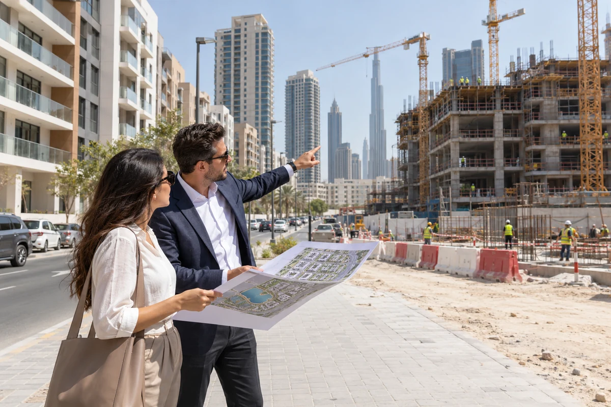 Compratore che valuta la nuova offerta immobiliare in un quartiere di Dubai