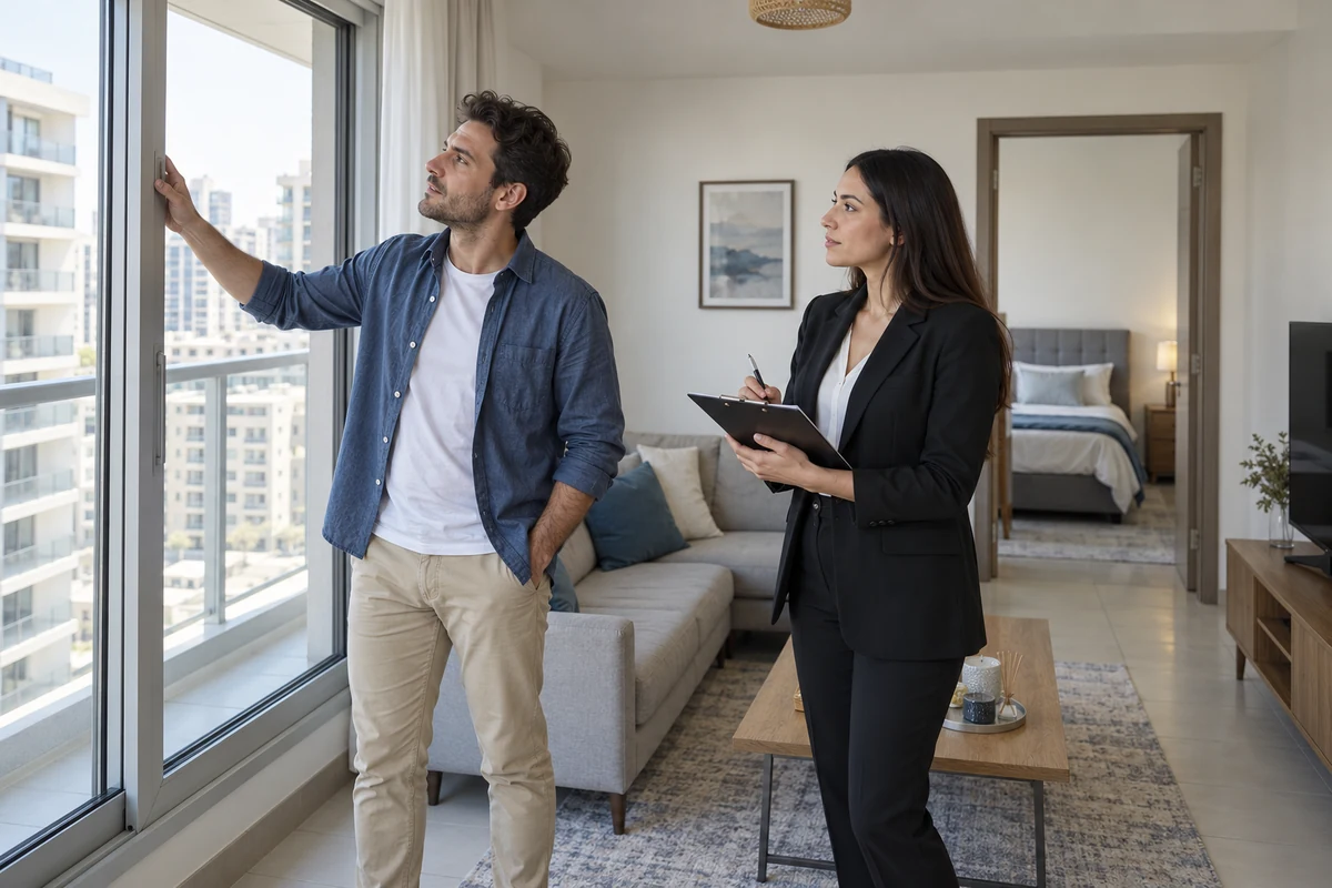 Acquirente che visita un appartamento ready a Dubai prima di decidere il prezzo